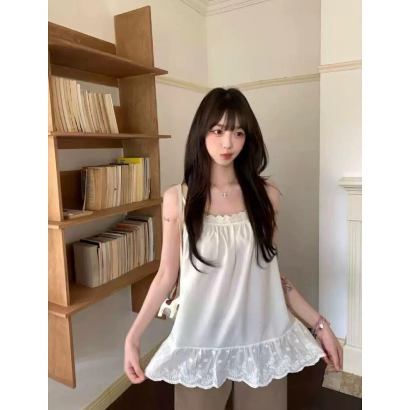 时尚洋气纯色简约蕾丝吊带背心夏季新款宽松显瘦设计感无袖上衣潮|undefined