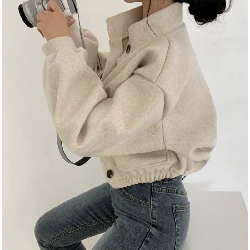 Демисезонная ретро короткая шерстяная куртка,Oversize длинно рукав Casual Coat, женская