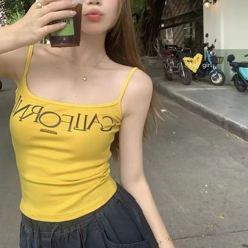 Summer yellow short comfortable top with cups with letters sleevless