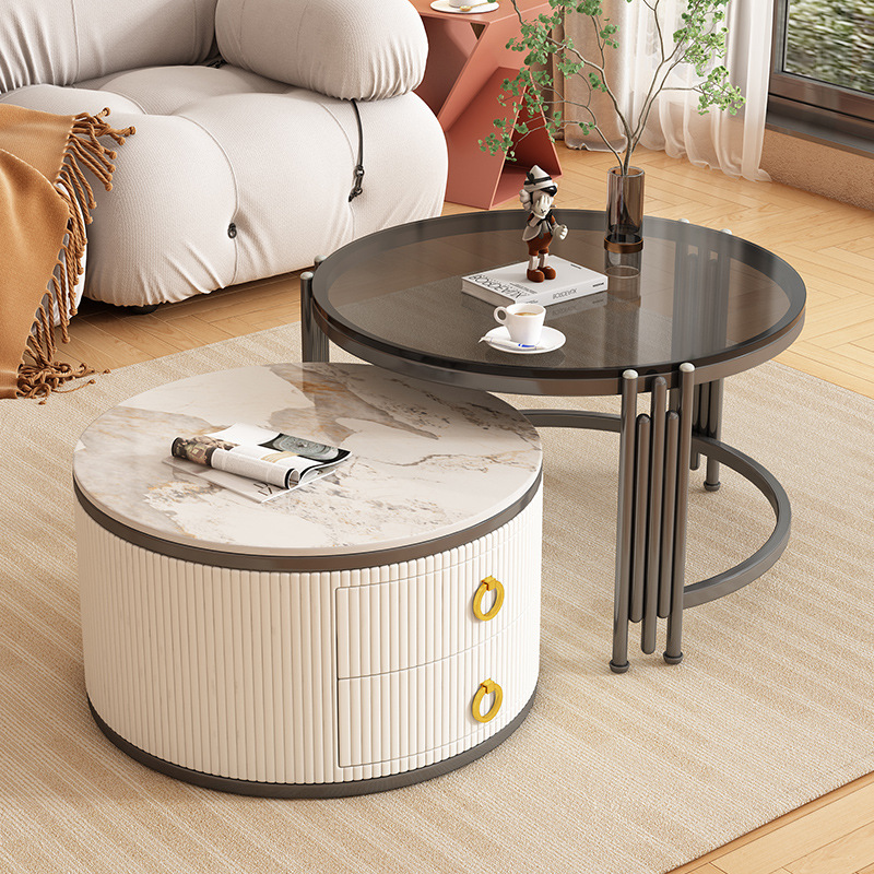 Tabla de té moderna de vidrio de roca personalizada combinación de tamaño para sala de estar simple retráctil redonda pequeña casa adecuada
