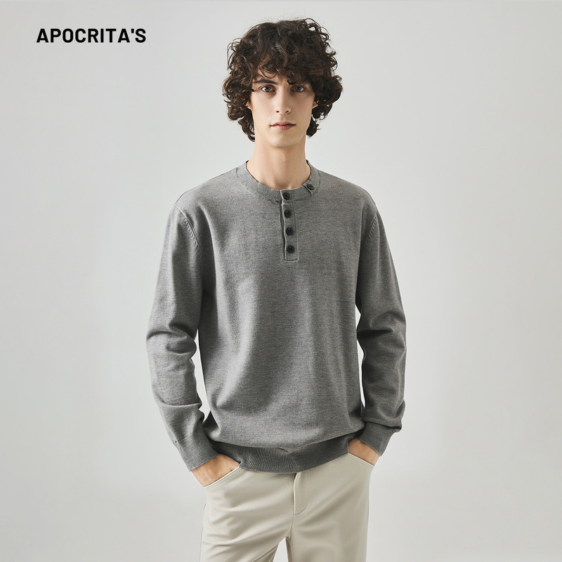 APO男装|跨境毛衣男秋季老钱风半开亨利领简约休闲内搭上衣针织衫|undefined