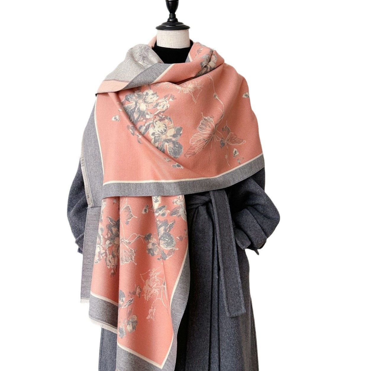 2024 nuevo invierno calentamiento collar moda chal mariposa coreano amor flor imitación de cachemir engrosado bufandas de impresión de doble cara