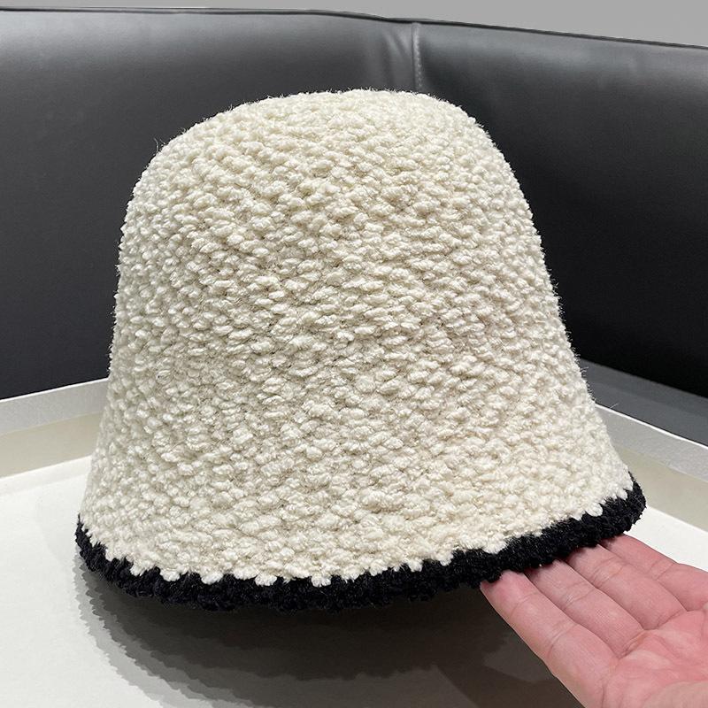 Sombrero de pescador para mujer nuevo Otoño e Invierno Cordero felpa color a juego sombrero de cubo estilo japonés todo partido cálido a prueba de sol sombrero de lavabo de punto