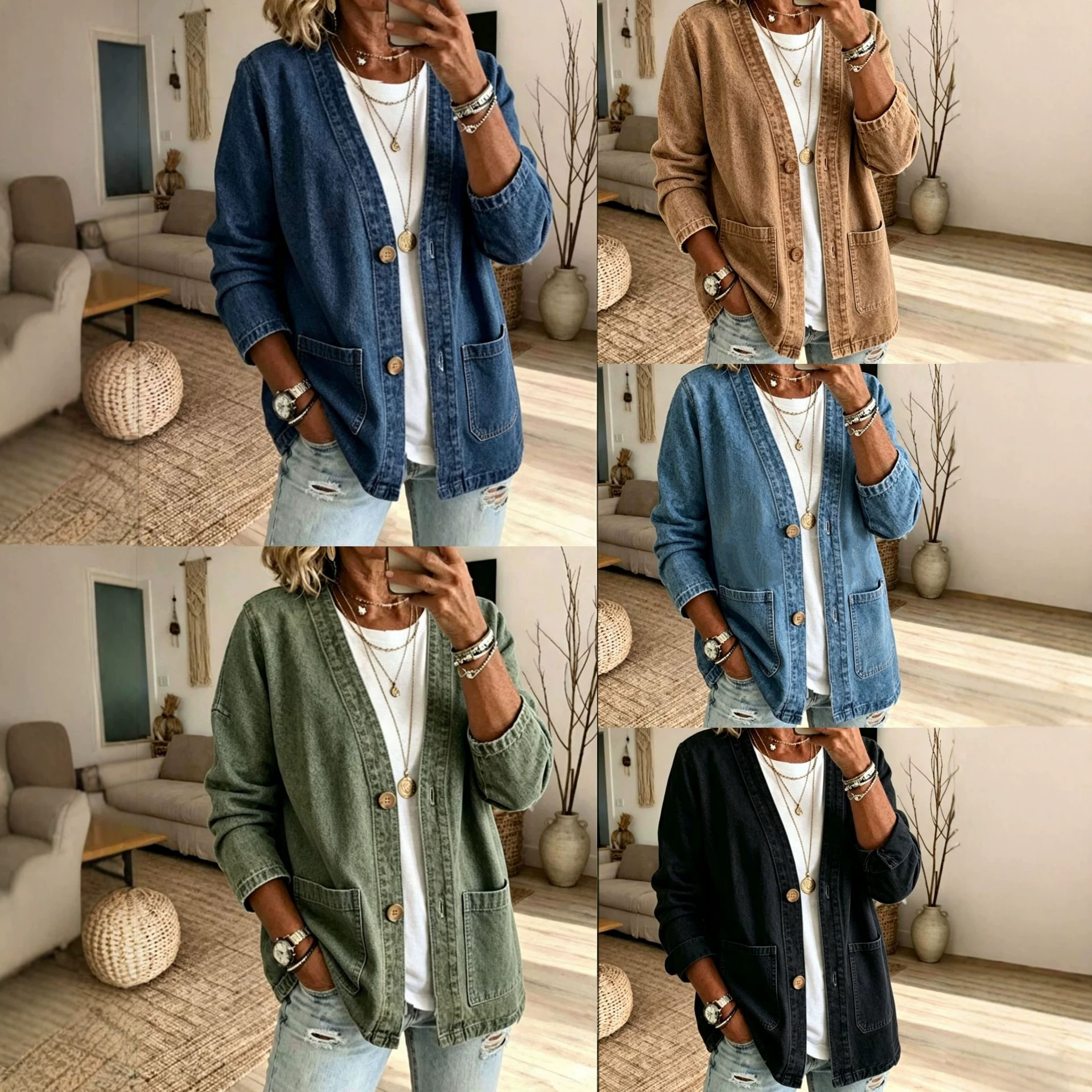 Amazon's best-selling cross-border European and American cardigan denim jacket, versatile and fashionable long-sleeve coat, new jacket