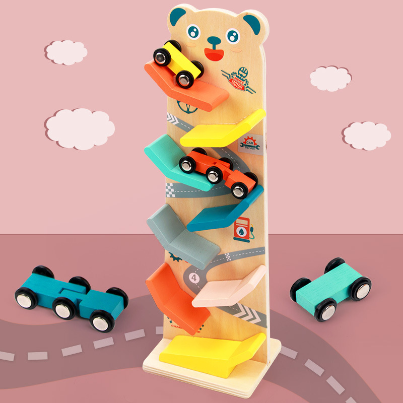 Niños de madera oso planeador niño educación temprana multi-capa pista deslizante pequeño coche de carreras de escritorio juguetes educativos interactivos