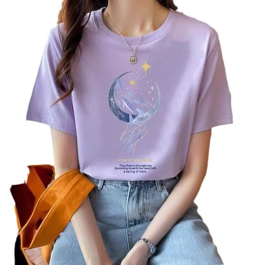 Loose Cotton Short-Sleeved T-Shirt Women's Summer New Style Beautiful Top Design Printed Half-Sleeved Women's Round Neck Summer