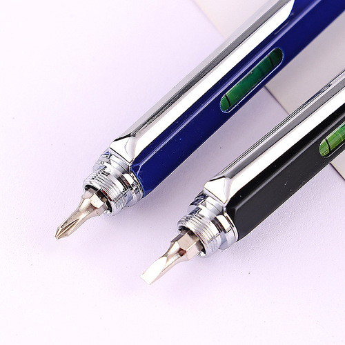 Multi-functional tool pen, six-in-one level, ruler, touchscreen pen, single and double-headed screwdriver, ballpoint pen.