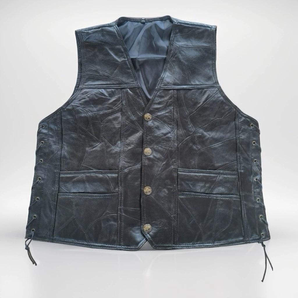 Мотоциклетный кожаный жилет, мужской жилет из натуральной кожи, велосипедный жилет, чистая версия с веревкой, чистый черный, классический стиль