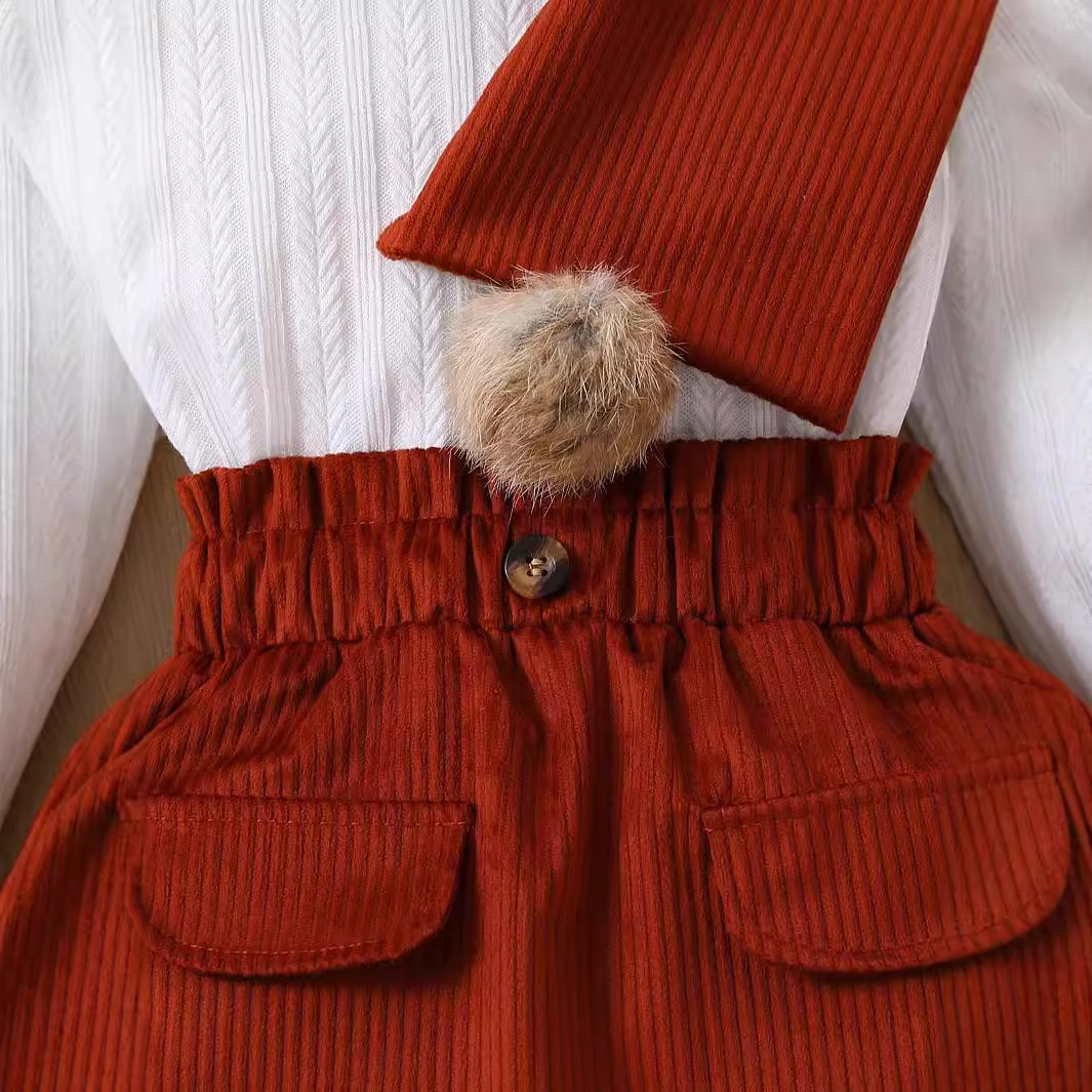 Abbigliamento per bambini, moda bambina, gonna corta a maniche lunghe con sciarpa a palline di lana + basco, set da 4 pezzi_voghion.com