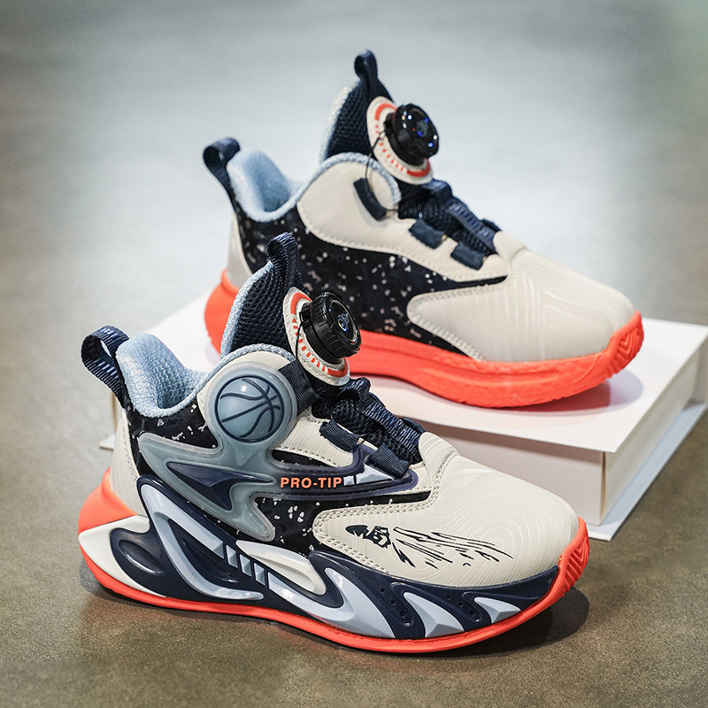 Explosiones de botón giratorio zapatos de baloncesto para niños con suela gruesa antideslizante zapatos deportivos fríos al aire libre.