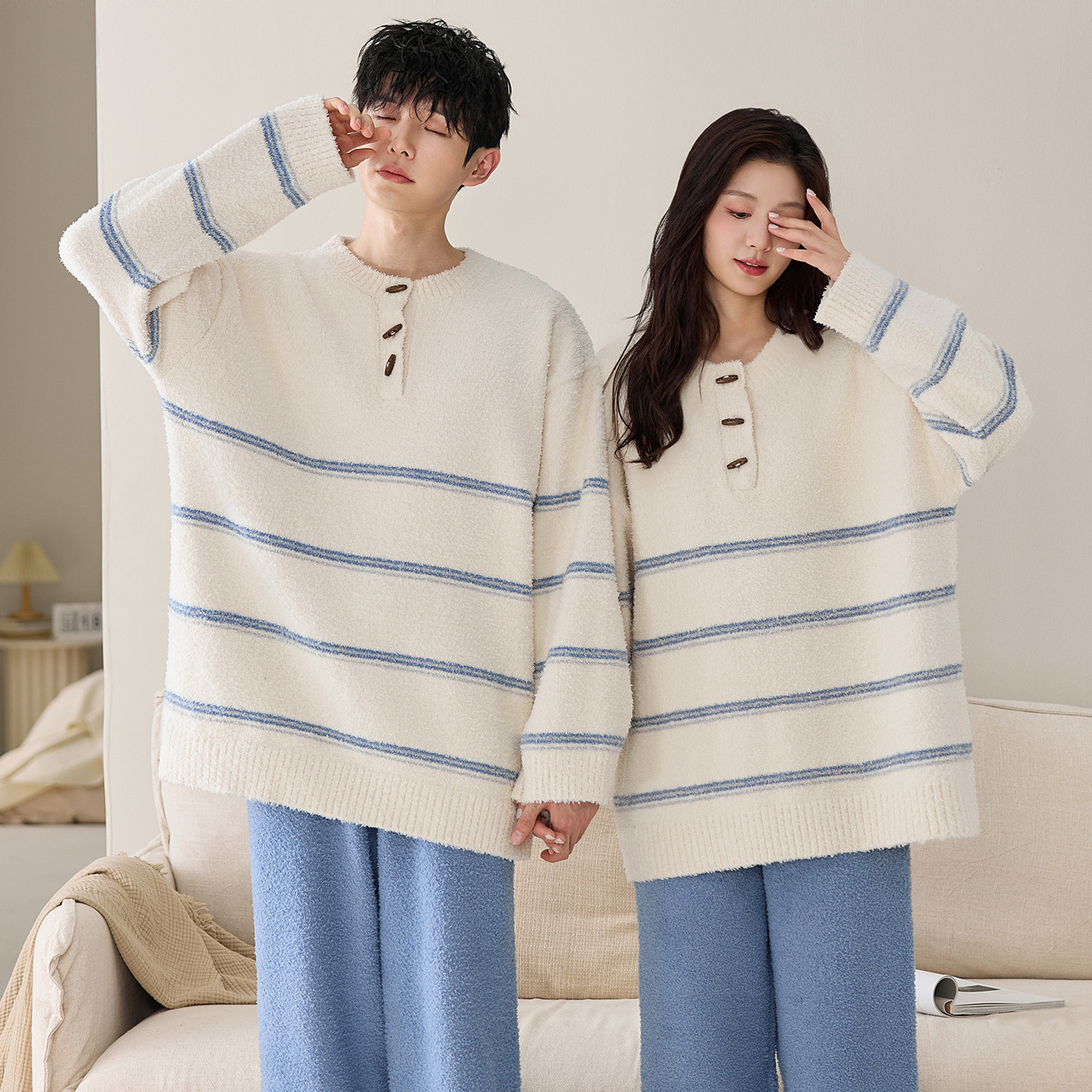 Couple Pajamas Women's Winter Half Velvet Fleece-Lined Thickeneded Cartoon Cute Men's Loose Autumn and Winter Home Wear Set