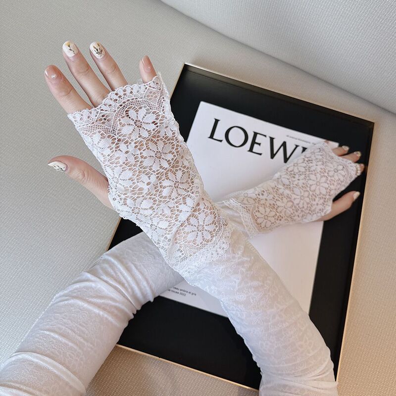British Brand Lace Mom-Style Driving Sun Protection Summer Ice Sleeves for Women, Long Elastic Outdoor Arm Sleeves