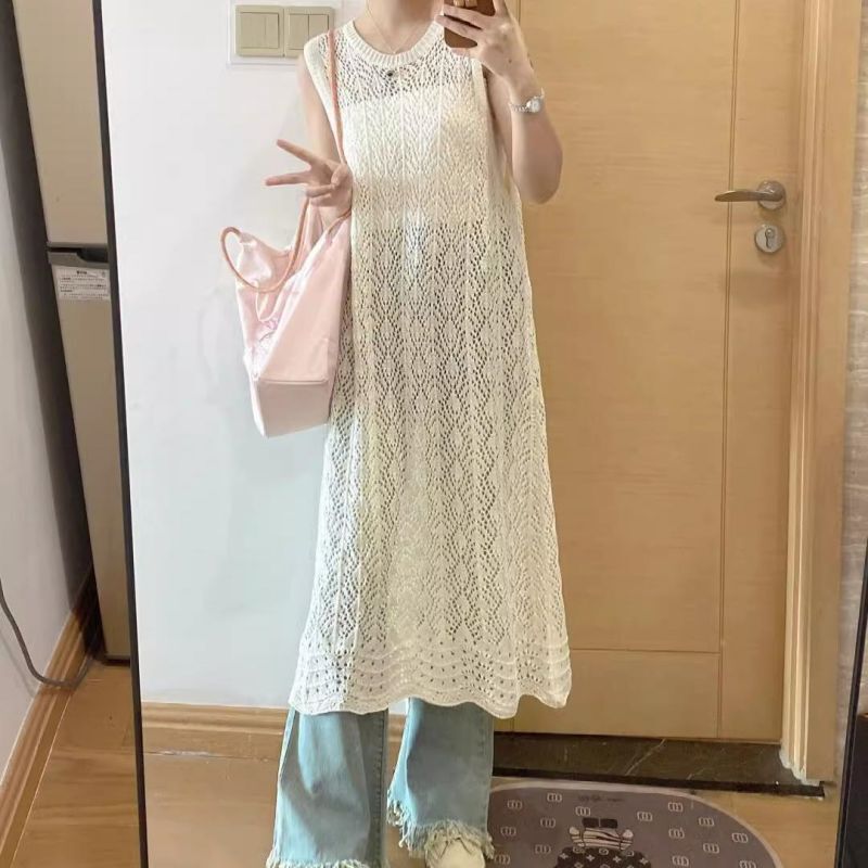 Hot Girls Wear dress Summer French Hollow Vespa Skirt Knitted Sweater Women's Thin Outer Blouse Mid-length Women