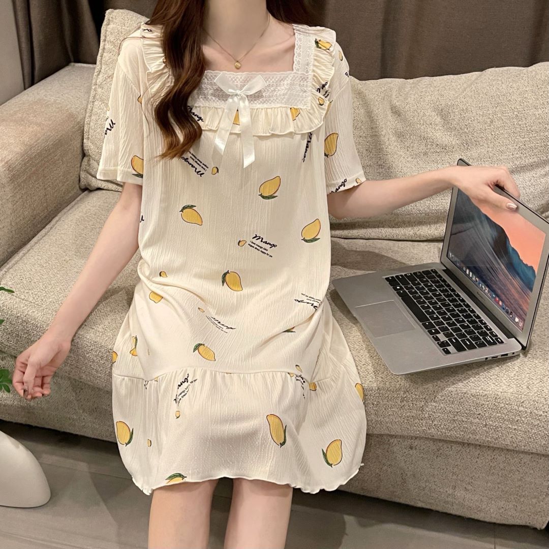 2024 pijama de mujer pijama de algodón de verano de manga corta encaje largo fresco ropa de hogar de estudiantes al por mayor