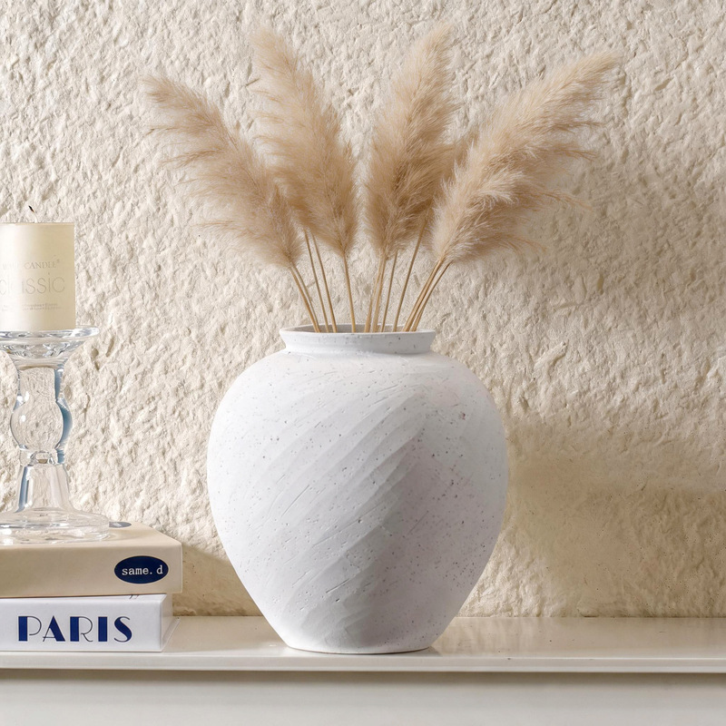 White ceramic vase, Chinese-style clay pot, high-end handmade textured decoration for the living room, rustic ceramic dry flower vessel ornament White ceramic vase, Chinese-style clay pot, high-end handmade textured decoration for the living room, rustic ceramic dry flower vessel ornament