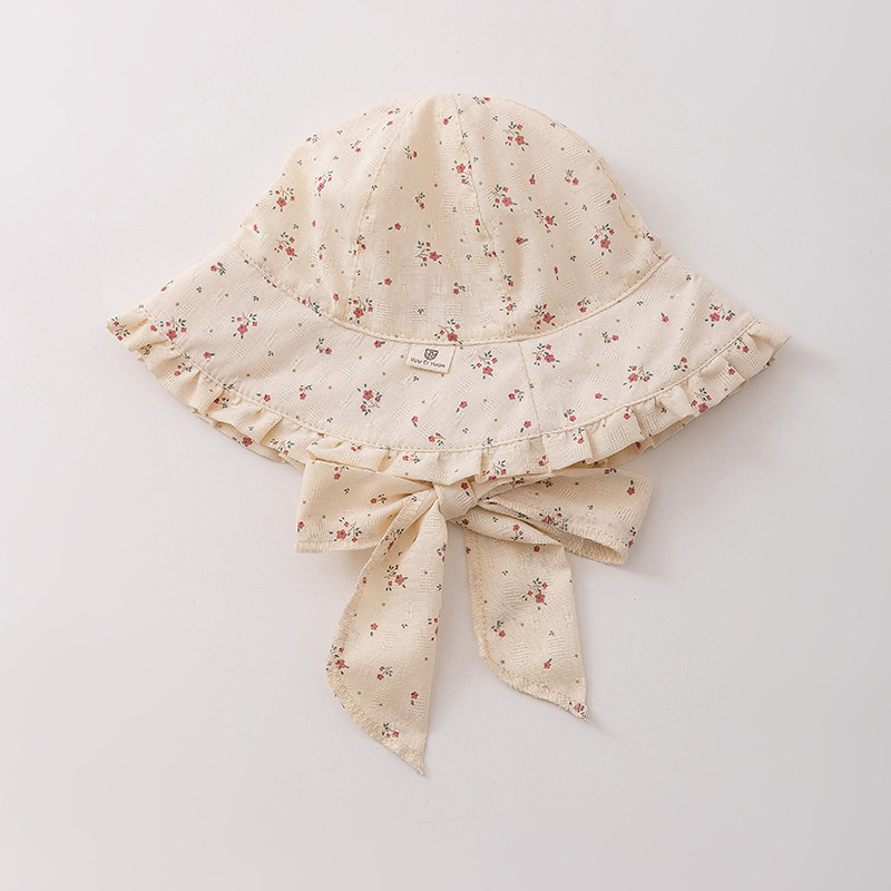 1-2 Sombrero infantil primavera y otoño delgado sombrero de pescador para bebés de estilo francés flor triturada sombrero de protección solar gran gorro