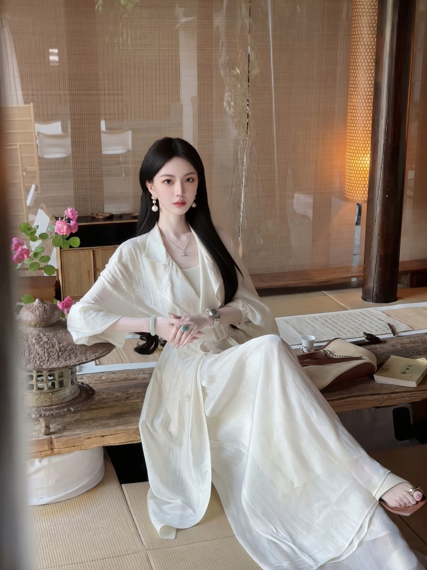 Áo khoác chống nắng dáng dài phong cách tân cổ điển trơn màu trắng ngà — màu trắng ngà