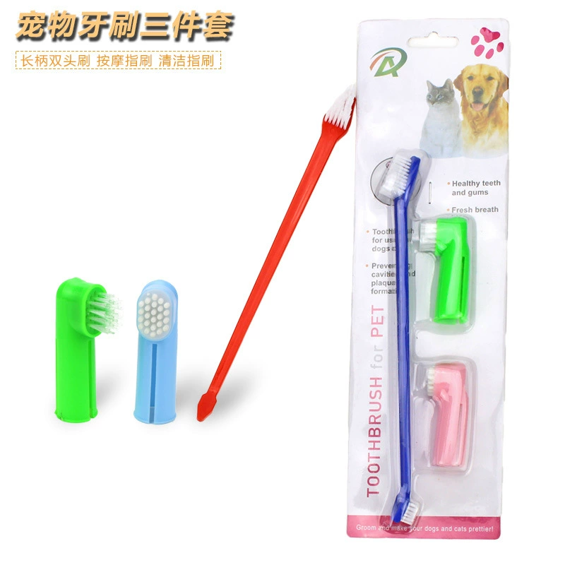 Набор из трех зубных щеток для животных: двусторонняя щетка для собак, щетка-напальчник для кошек, принадлежности для ухода за полостью рта животных, чистка