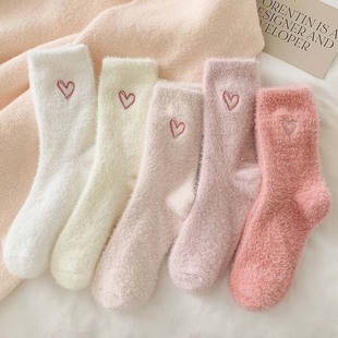Socks women's mid-tube socks autumn and winter thickened mink velvet embroidery love sleep floor socks winter warm stockings