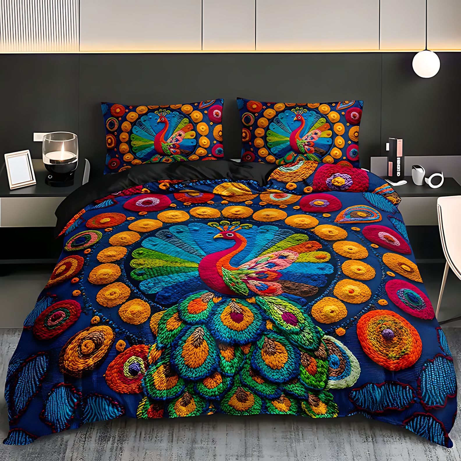 TEMU / JIT Peacock Flower HD Impresión digital abrasión colcha de cama set transfronterizo se puede ajustar