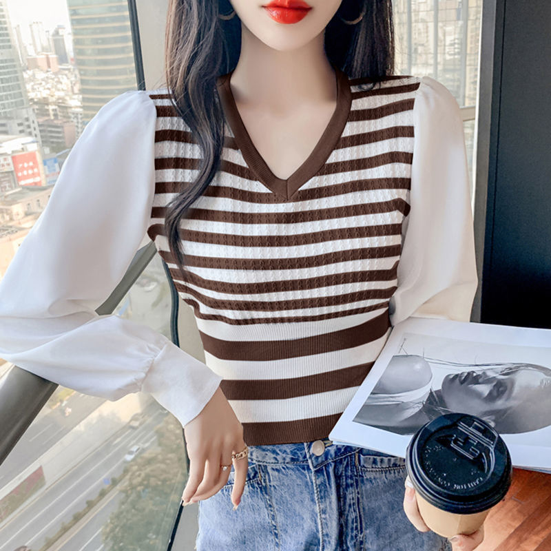 Early Autumn Top 2022 New Waist Small Shirt Chiffon Stitching V-Neck Striped Knitted Shirt Women's Long Sleeve Base Shirt Early Autumn Top 2022 New Waist Small Shirt Chiffon Stitching V-Neck Striped Knitted Shirt Women's Long Sleeve Base Shirt