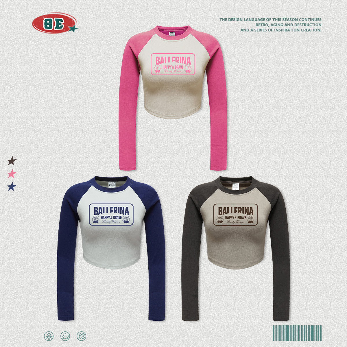 BE ropa de mujer | 2025 otoño e invierno retro americano marca de moda raglán estampado de contraste camiseta de manga larga chica caliente blusa corta mujer image 4