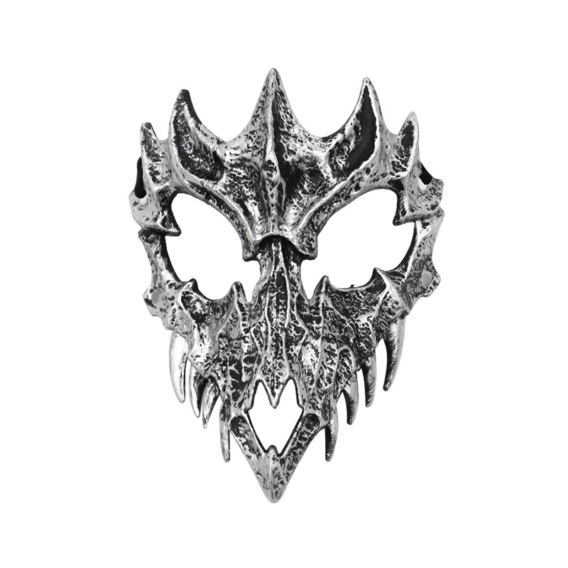 fiesta máscara de esqueleto dientes largos demonio esqueleto mitad cara máscara de lobo detrás máscara gigante disfraz de Halloween