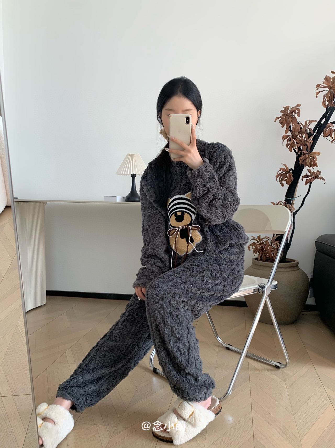 Otoño e Invierno nuevo coral fleece franela lindo moda largo homewear pijamas pantalones de manga larga traje de las mujeres