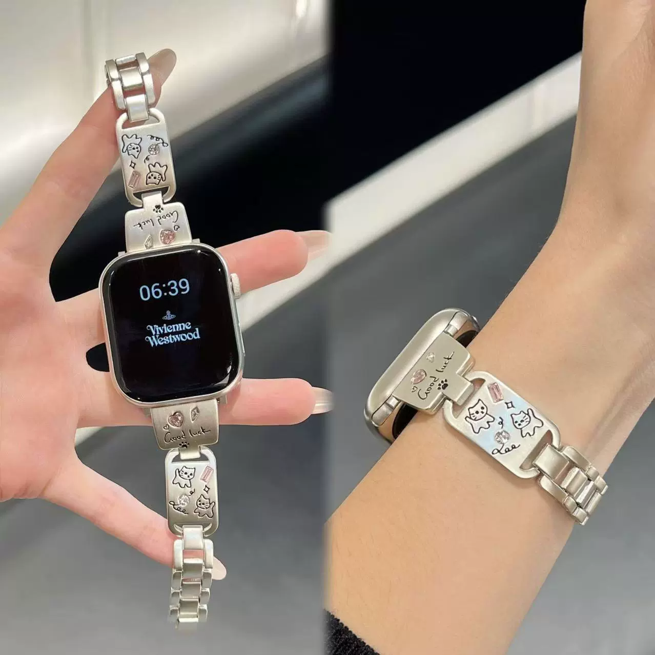 Подходящее для applewatch10 ремешок для Apple Watch iwatch987SE милый котёнок металлический Xiaomi 89pro