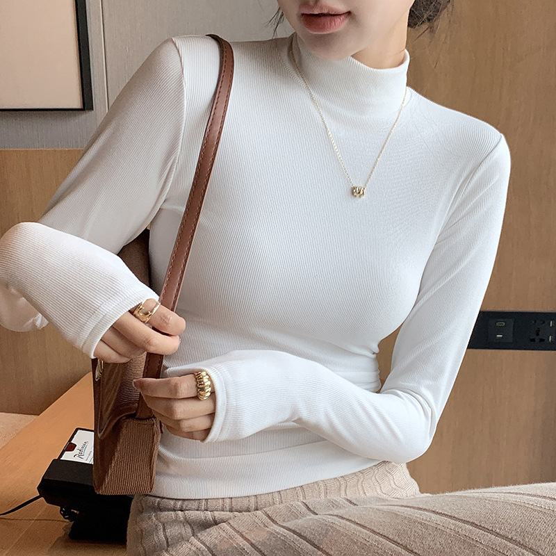 H329 ニットハーフタートルネックボトリングシャツ女性のための新しい秋と冬の黒と白の秋の服西洋スタイルミッドカラープルオーバー長袖|undefined