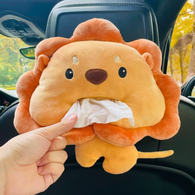 Car Tissue Box Car Armrest Box Paper Box Car Interior Decoration Hanging Creative Cute Cartoon Plush Paper Box (Car tissue box/set) - lion-tissue-box