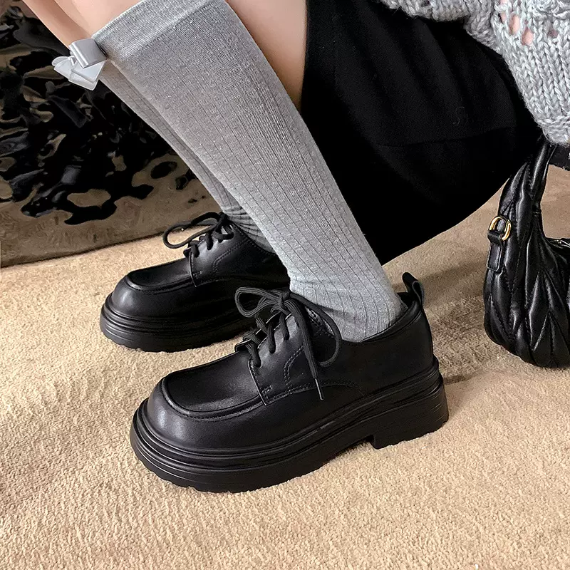 2023春季新款真皮jk单鞋女百搭系带厚底英伦小皮鞋女配正装