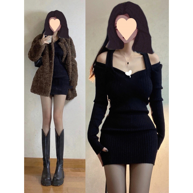 純欲辣妹黑色掛脖領長袖連衣裙女高冷御姐氣質修身顯瘦包臀短裙