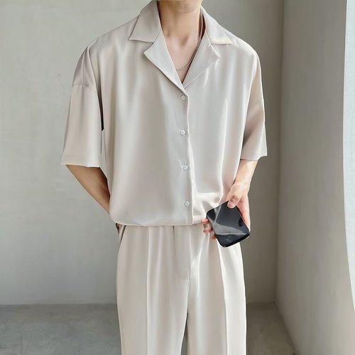  Cuba Lead Ice Silk Shirt Men's Short Sleeve Summer Thin Lightweight Mature Style British Elegant Hipster Stylish Men's Shirt