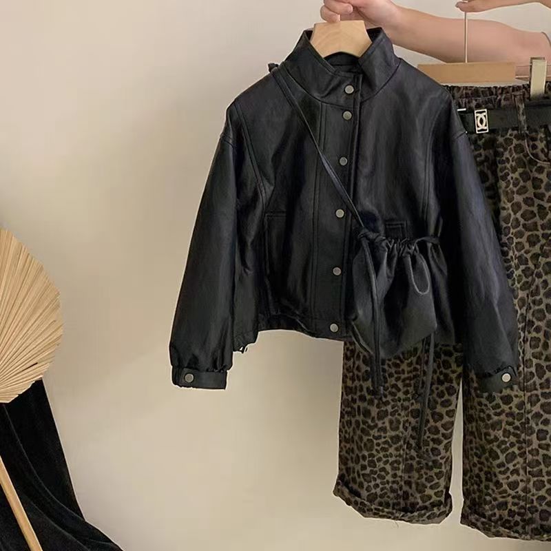 女童潮酷皮夹克外套秋季套装2025款韩版中大童百搭时尚豹纹休闲裤|undefined