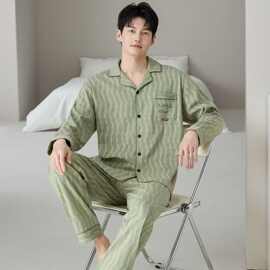 简约睡衣男士春秋款秋季纯棉长袖家居服男款时尚休闲复古套装