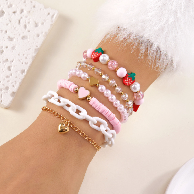 European and American Cross-Border Women's Heart-Shaped Strawberry Bracelet Set, Elastic, Fashionable, Unique, Niche, Valentine's Day Multi-Layer Bracelet for Women European and American Cross-Border Women's Heart-Shaped Strawberry Bracelet Set, Elastic, Fashionable, Unique, Niche, Valentine's Day Multi-Layer Bracelet for Women