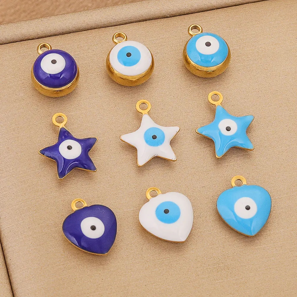 Real Gold Plated Plating Material DIY Jewelry Accessories Classification 10 PCS/Package Diameter 5mm 6 Mm 8mm 304 Stainless Steel PVD Coated Real Gold Plated Star Heart Shape Eye Light Pendant DIY Jewelry Accessories