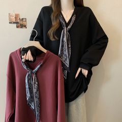 大码设计感系带V领长袖T恤女2025春秋新款宽松显瘦简约外穿打底衫