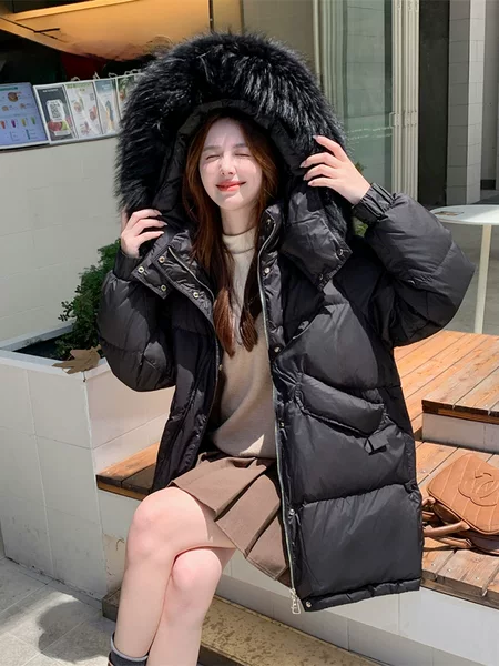 2025 New Korean Style Slimming Look Fat mm Slim Mid-Length 90 New National Standard Hooded Raccoon Fur Collar down Jacket 233