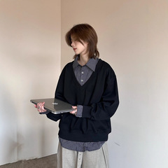 秋季新款美式复古拼色假两件衬衫领卫衣男女条纹拼接长袖情侣上衣
