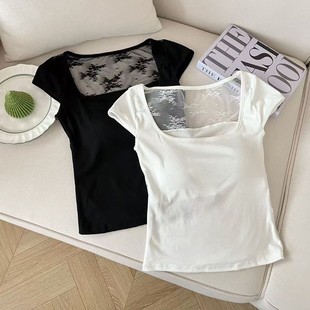 Hot Girl Backless Beautiful Back Lace Square Neck Short-Sleeved Right Shoulder T-Shirt for Women with Breast Pad Design Pure Desire Knitted Top Cotton