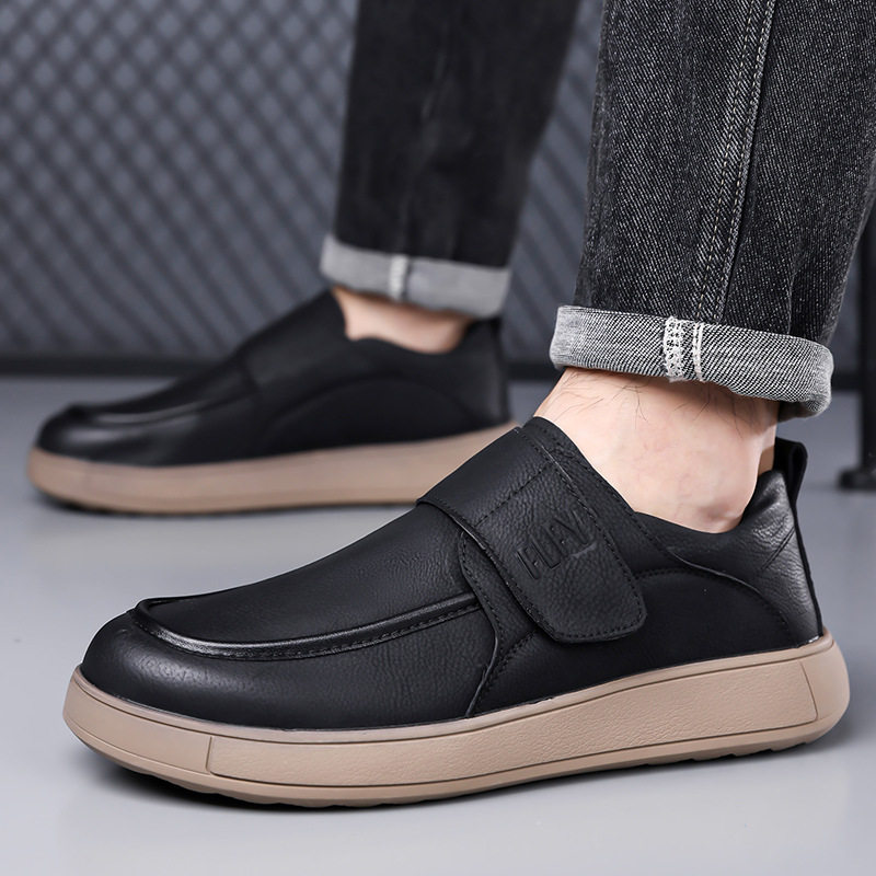 Giày lười nam da PU kiểu retro, quai dán Velcro, form rộng thoải mái, đế cao su êm chân — Màu đen, màu vàng