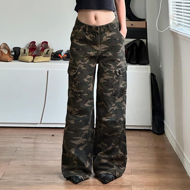 Low Price Clearance # American High Street Workwear Style Camouflage Low-Rise Jeans Hot Girl Loose Multi-Pocket Wide-Leg Pants