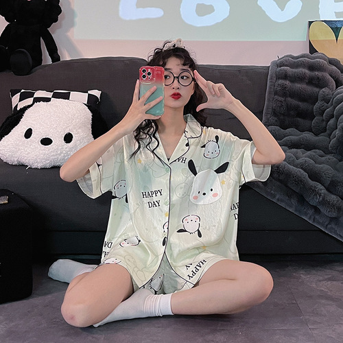 Pajamas for women summer ice silk  new short-sleeved imitation silk summer thin cardigan home wear suit wholesale