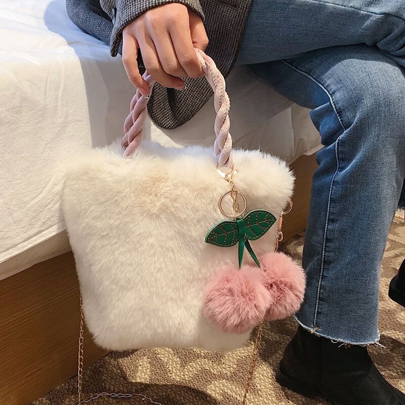Cherry Girl Plush Handbag Women's 2024 Autumn and Winter New Fashion Western Style Mao Mao Chain Crossbody Bucket Bag