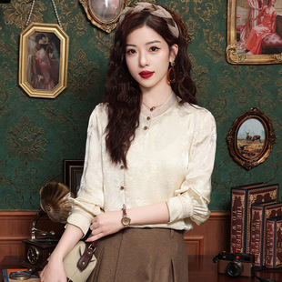 Real Shot of 2024 New Chinoiserie Stand-Up Collar Diagonal Placket Jacquard National Style Shirt Versatile Dark Flower Retro Chiffon Shirt Top for Women