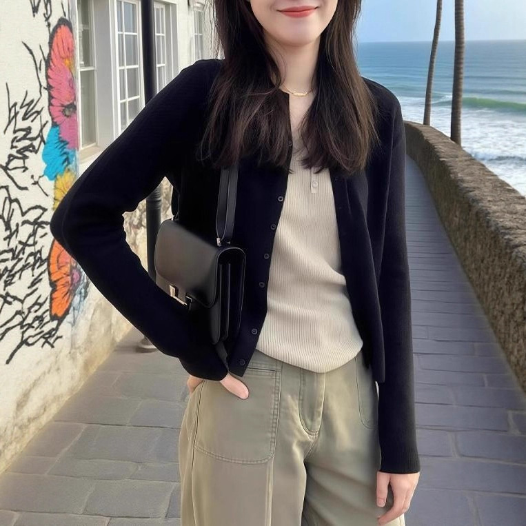 Black Chanel-Style Sun-Protective Knit Cardigan for Women, 2025 Autumn Thin Version with Camisole, Air-Conditioning Cover-Up Top