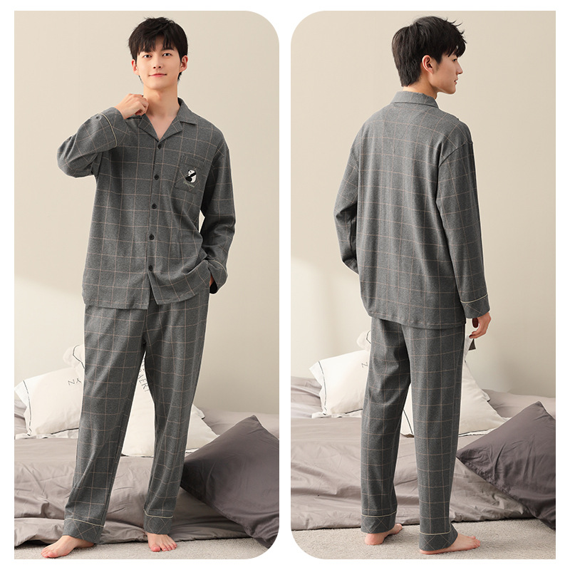 Pijama de primavera y otoño de los hombres más tamaño de algodón de manga larga Plaid desgaste del hogar Otoño de los hombres chaqueta traje de dos piezas