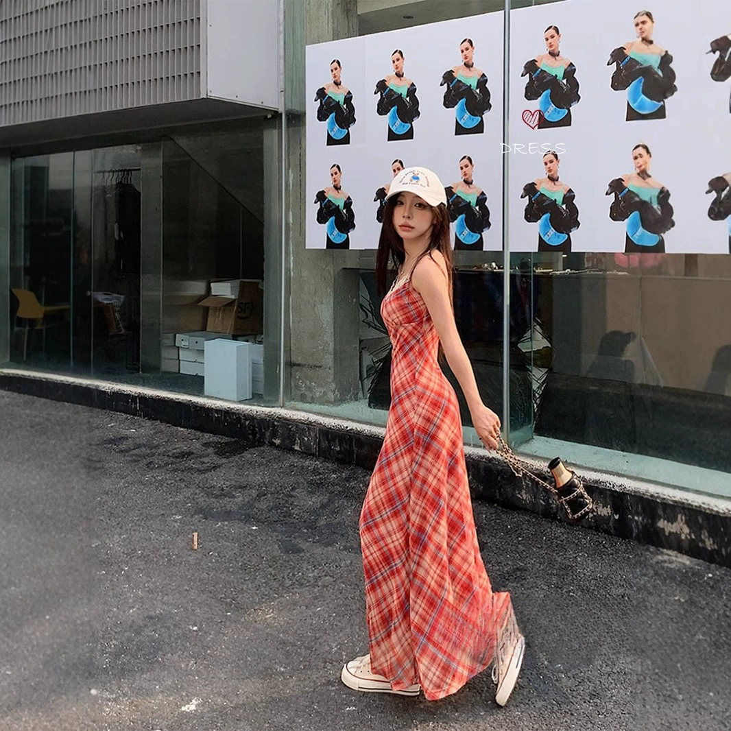 Сексуальная клетчатая юбка на подтяжках для женщин в начале весны в морском курортном стиле, красное платье с талией, юбка, закрывающая бедра, длинная юбка